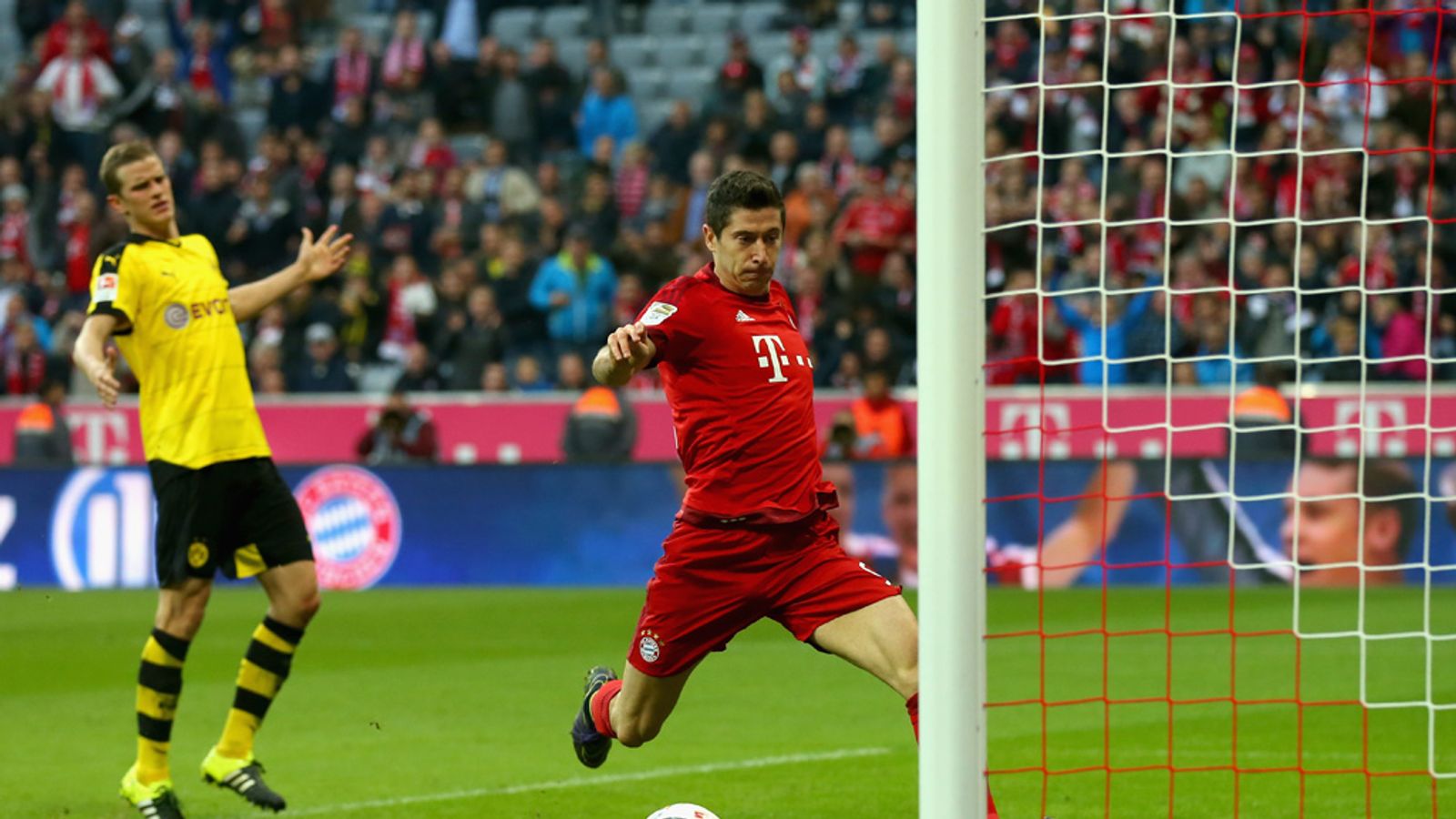 Robert Lewandowski playing for Bayern Munich after his free transfer from Borussia Dortmund.